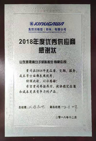  Appreciation Award of Annual Outstanding Supplier, Kinugawa Rubber and Plastic (Zhengzhou) Co., Ltd